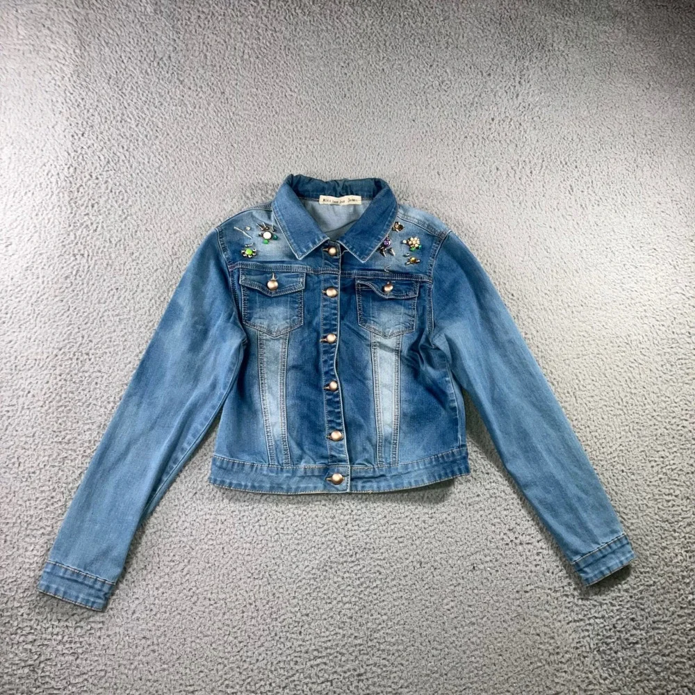 Embellished Beaded Denim Jacket Womens XL Blue Y2K indie Boho Chic Statement